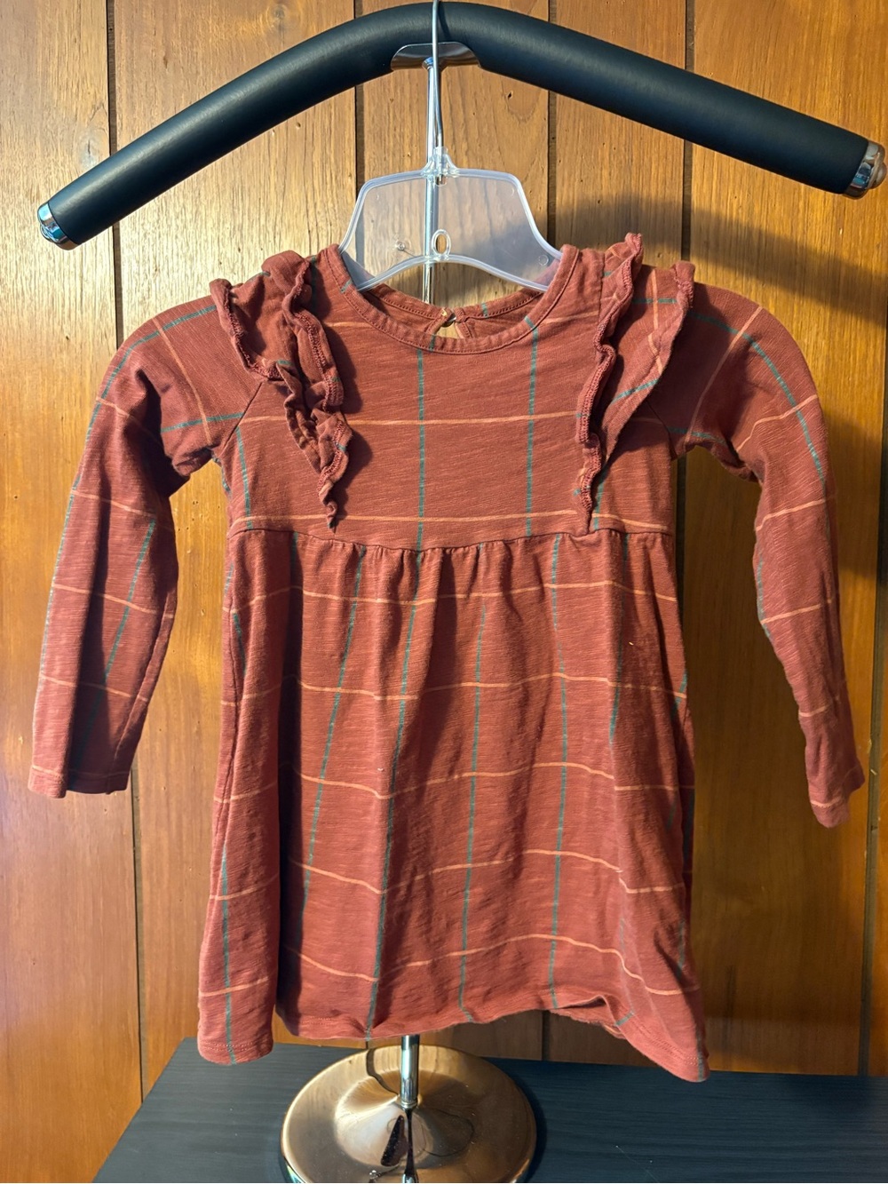 Girls' Rust Plaid Ruffle-Shoulder Casual Dress